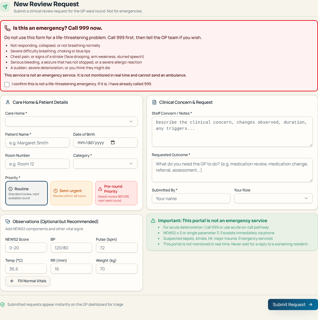 Care-home staff request form with an emergency warning and observations